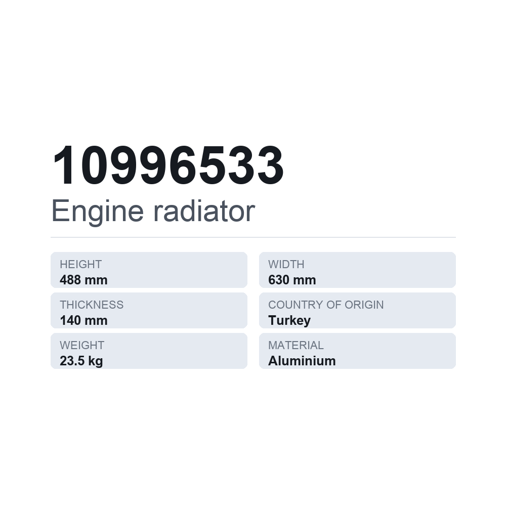 Kylare, motorkylning 10996533 — tekniskt datablad