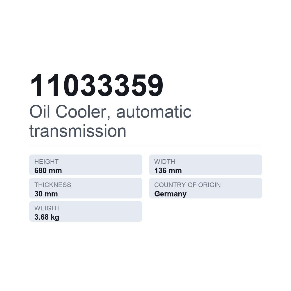 Oliekøler, automatgear 11033359 — teknisk datablad
