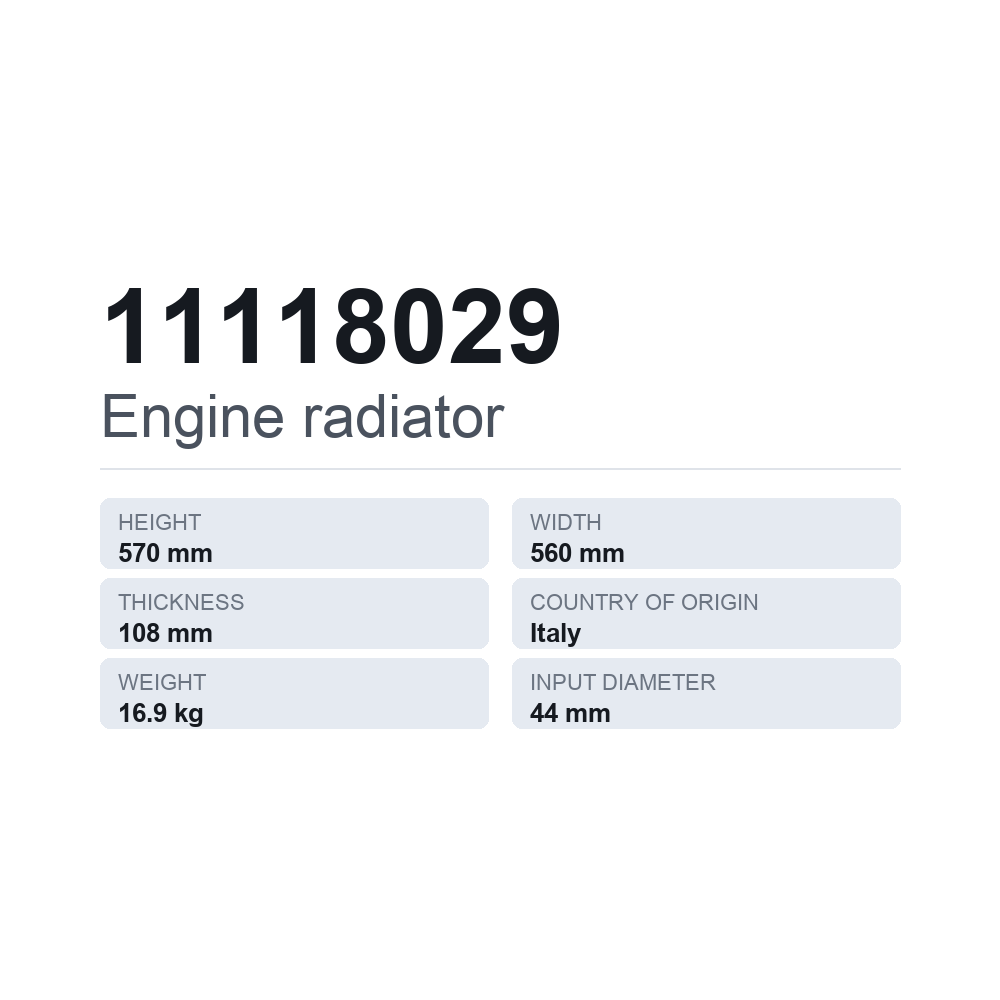 Kylare, motorkylning 11118029 — tekniskt datablad