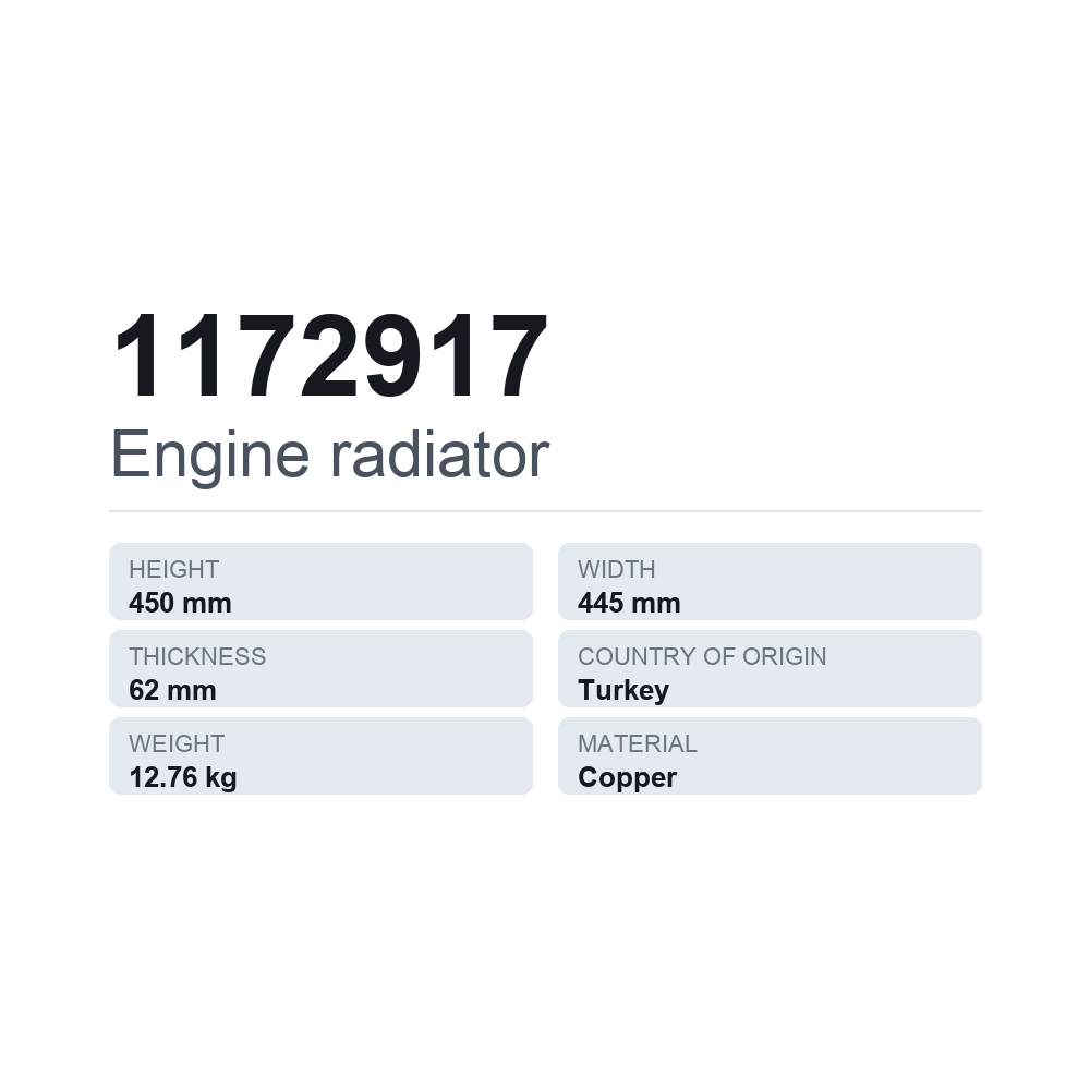 Kylare, motorkylning 1172917 — tekniskt datablad
