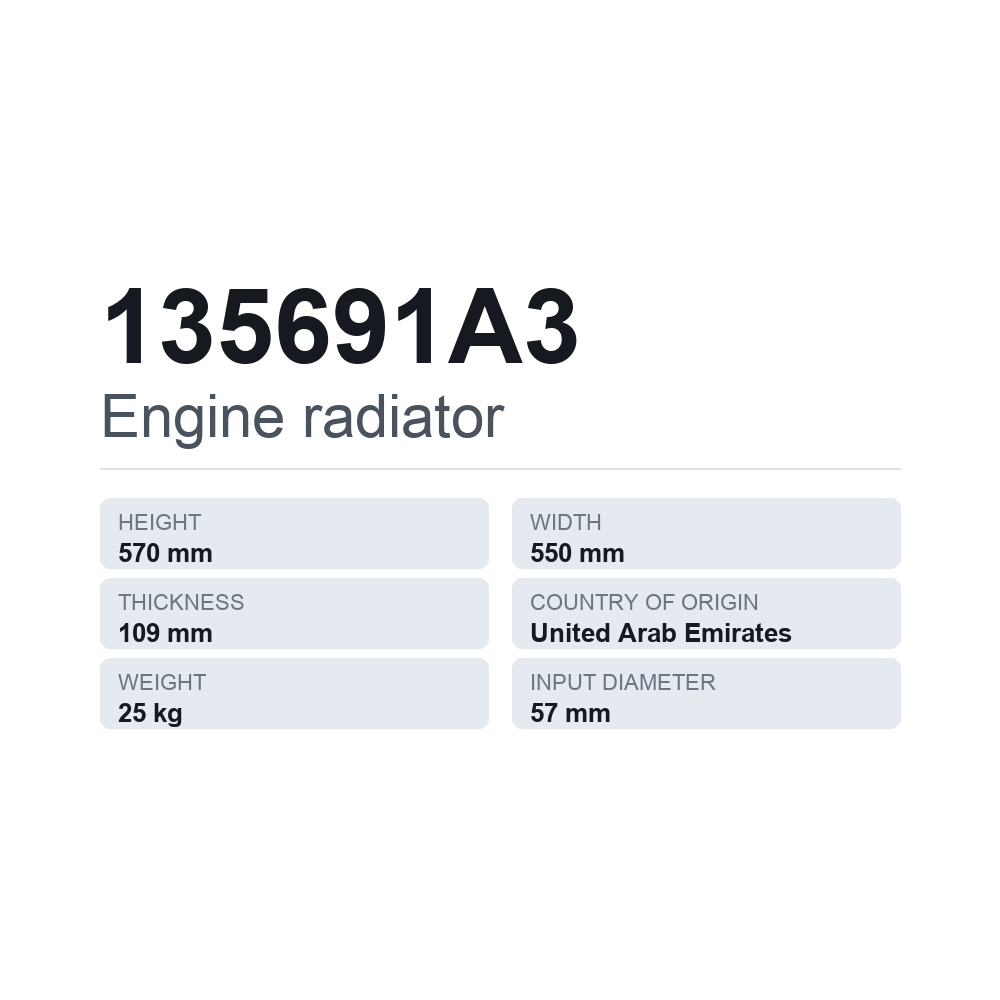 Kylare, motorkylning 135691A3 — tekniskt datablad