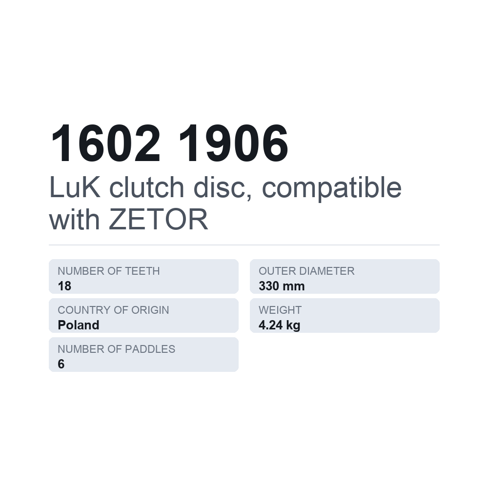 LuK Kupplungsscheibe, passend für ZETOR 1602 1906 — technisches Datenblatt