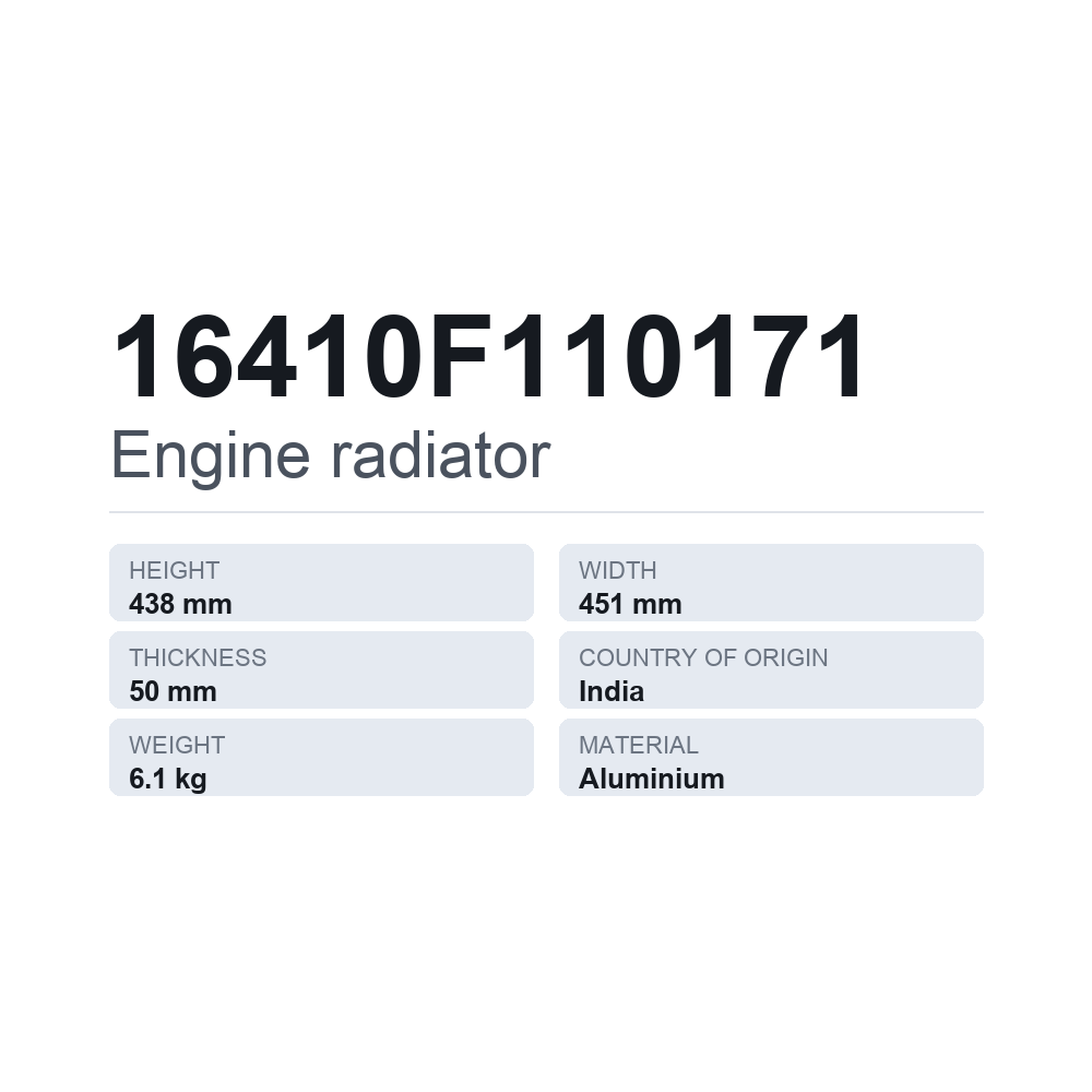 Moottorin jäähdytin 16410F110171 — tekninen tietokortti