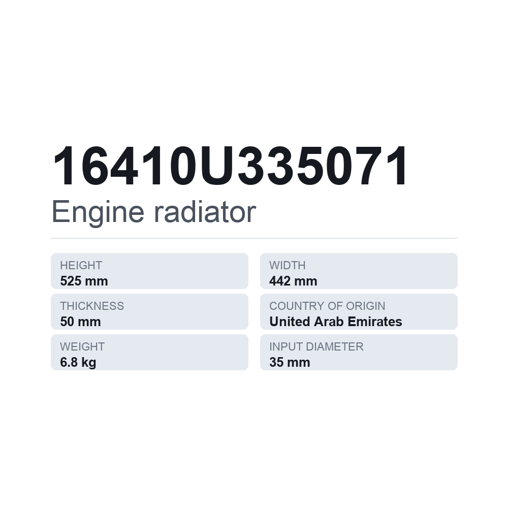 Moottorin jäähdytin 16410U335071 — tekninen tietokortti