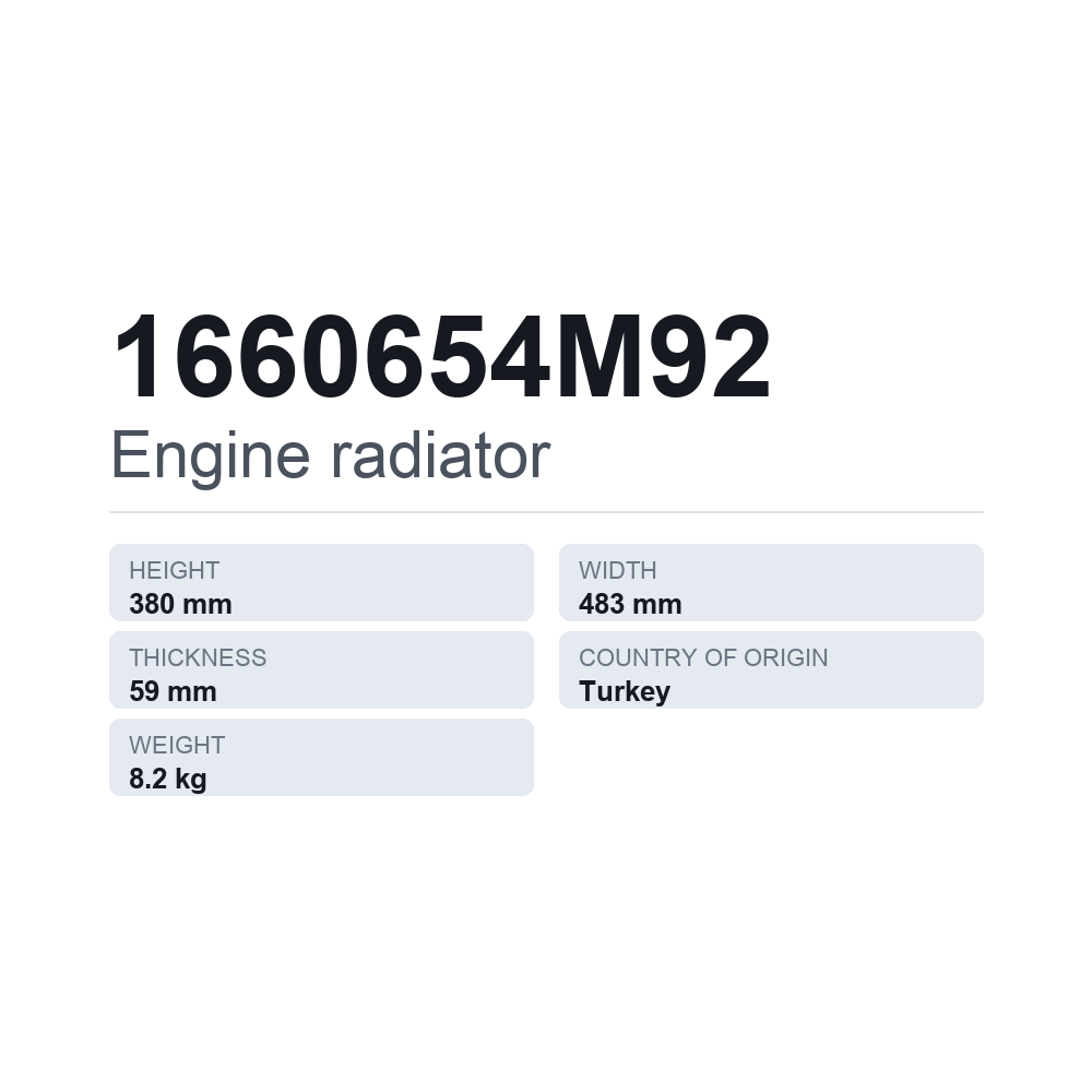 Køler, motorkøling 1660654M92 — teknisk datablad