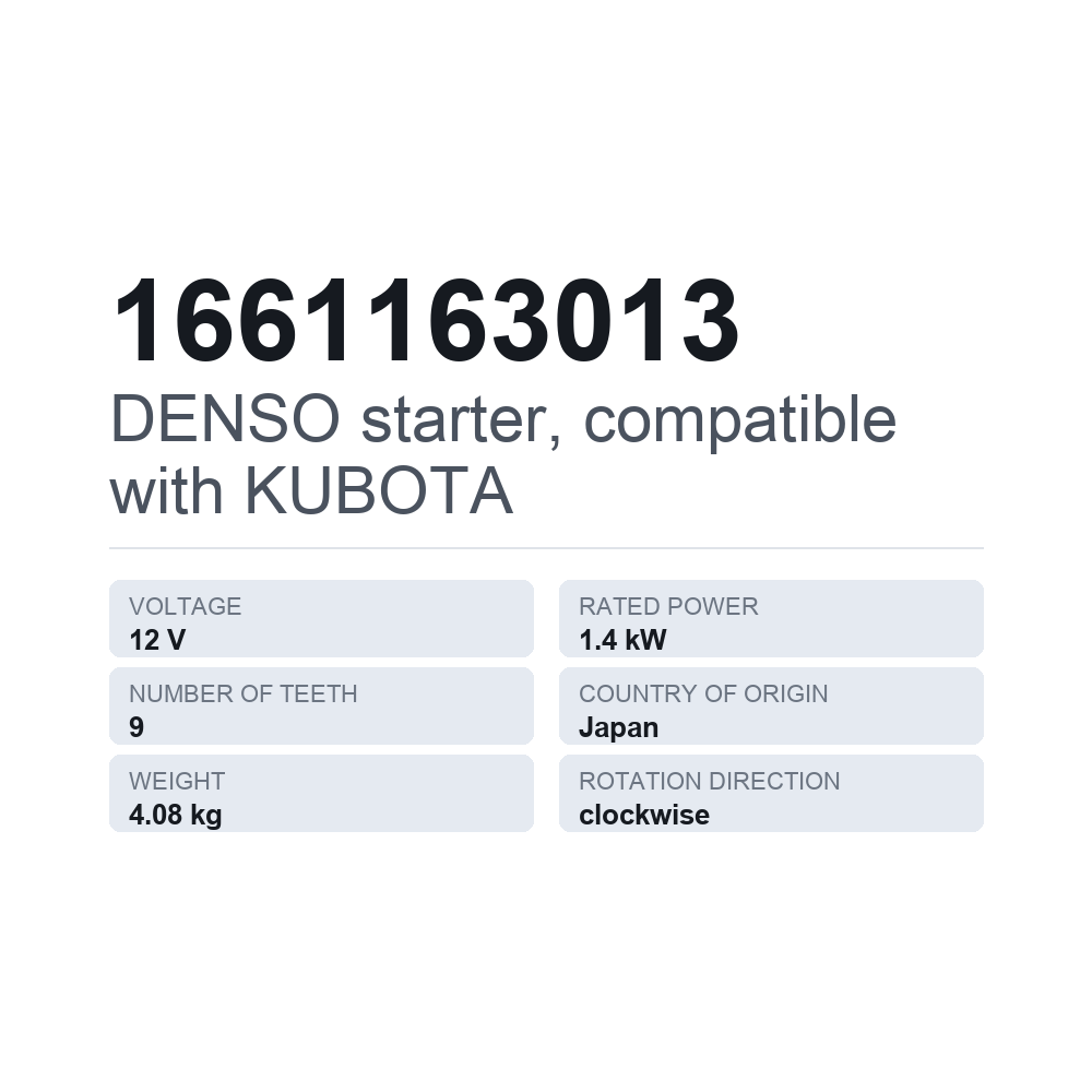 DENSO käynnistinmoottori, sopii KUBOTA 1661163013 — tekninen tietokortti