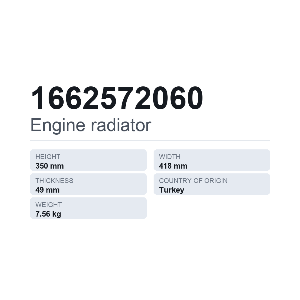 Kylare, motorkylning 1662572060 — tekniskt datablad