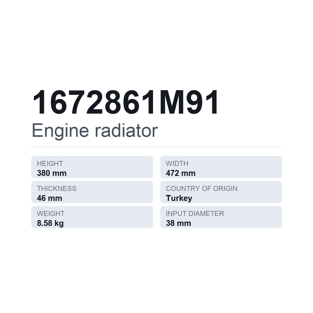 Køler, motorkøling 1672861M91 — teknisk datablad