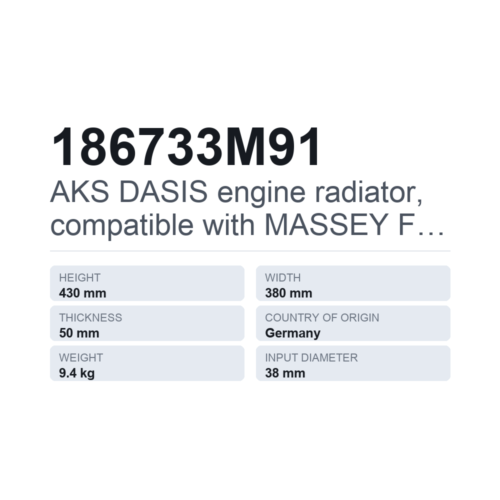 AKS DASIS kylare (motorkylning), passar till MASSEY FERGUSON 186733M91 — tekniskt datablad