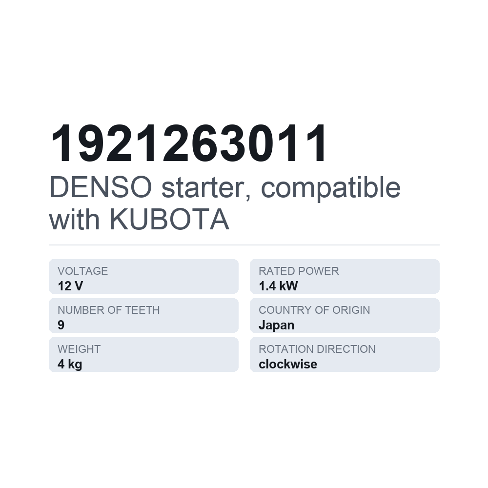 DENSO Anlasser, passend für KUBOTA 1921263011 — technisches Datenblatt