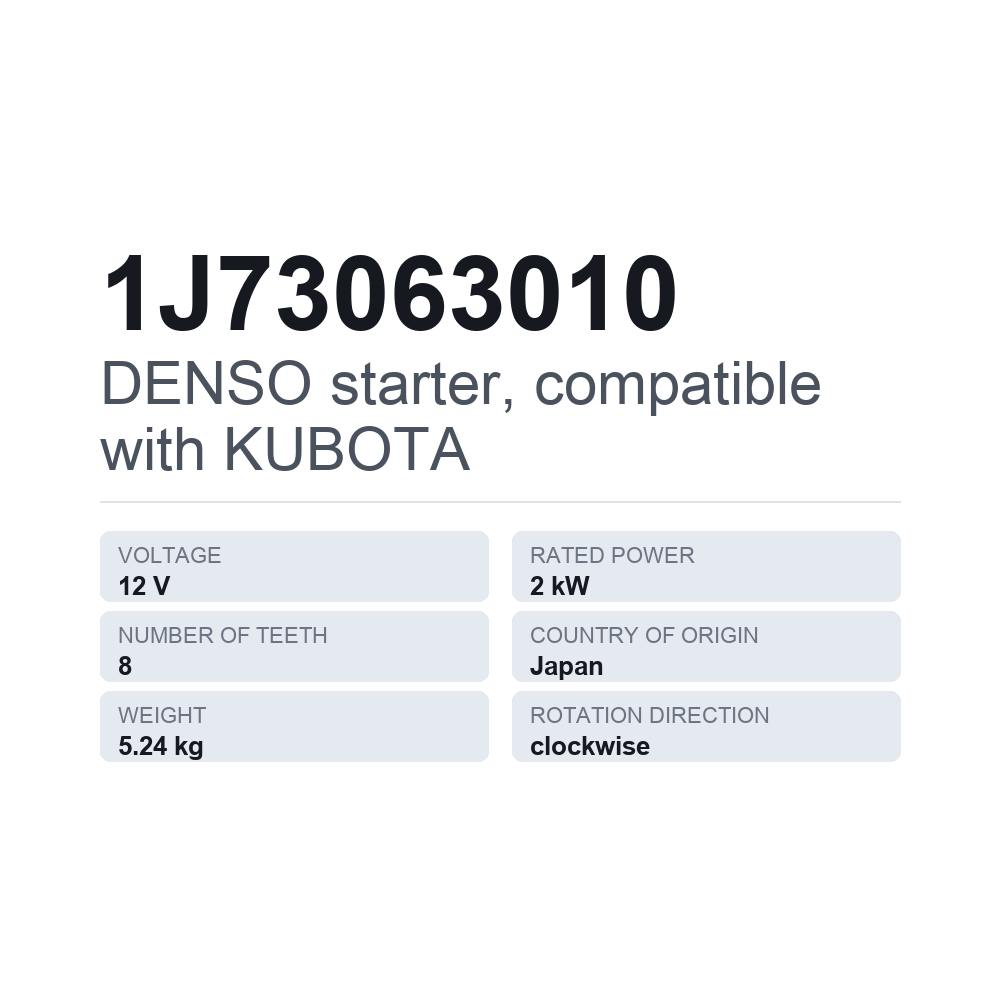 DENSO starter, compatible with KUBOTA 1J73063010 — technical data card