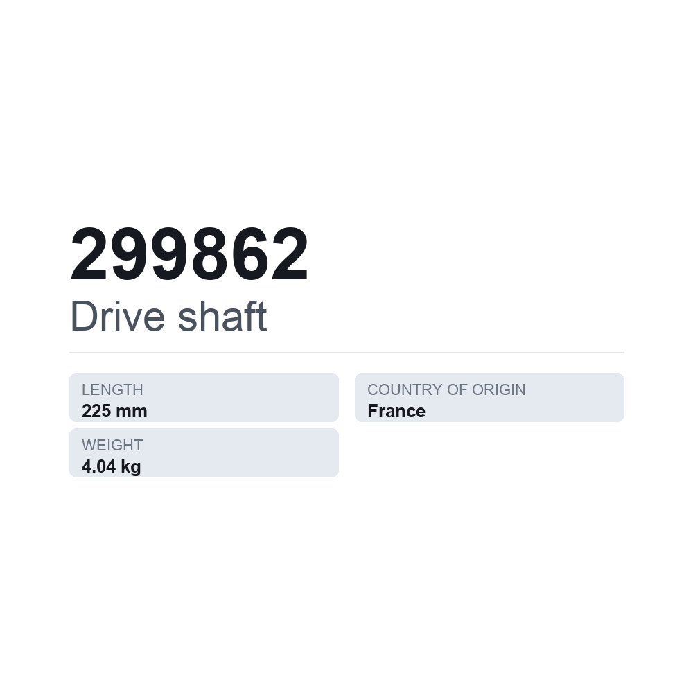 Drivaksel 299862 — teknisk datablad