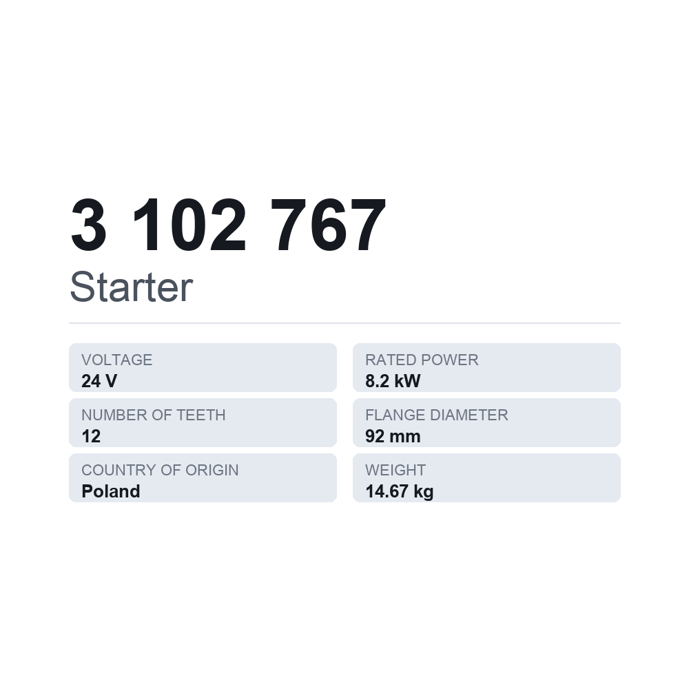 Käynnistinmoottori 3 102 767 — tekninen tietokortti
