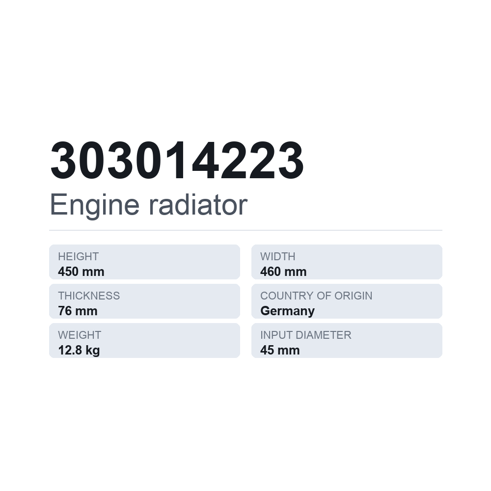 Kylare, motorkylning 303014223 — tekniskt datablad