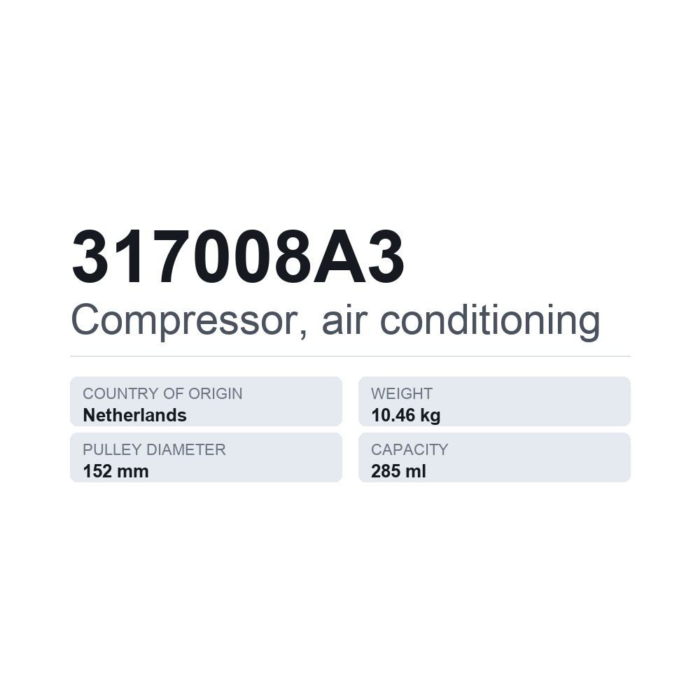Ilmastoinnin kompressori 317008A3 — tekninen tietokortti