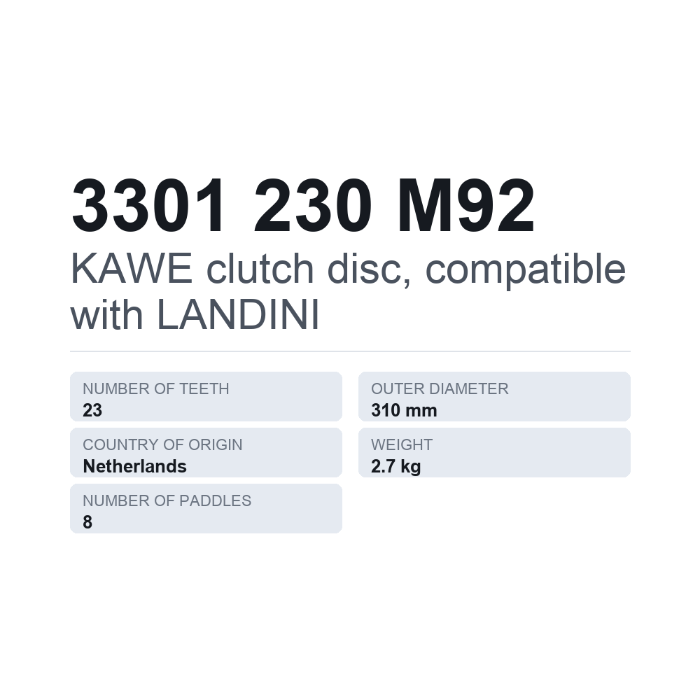 KAWE clutch disc, compatible with LANDINI 3301 230 M92 — technical data card