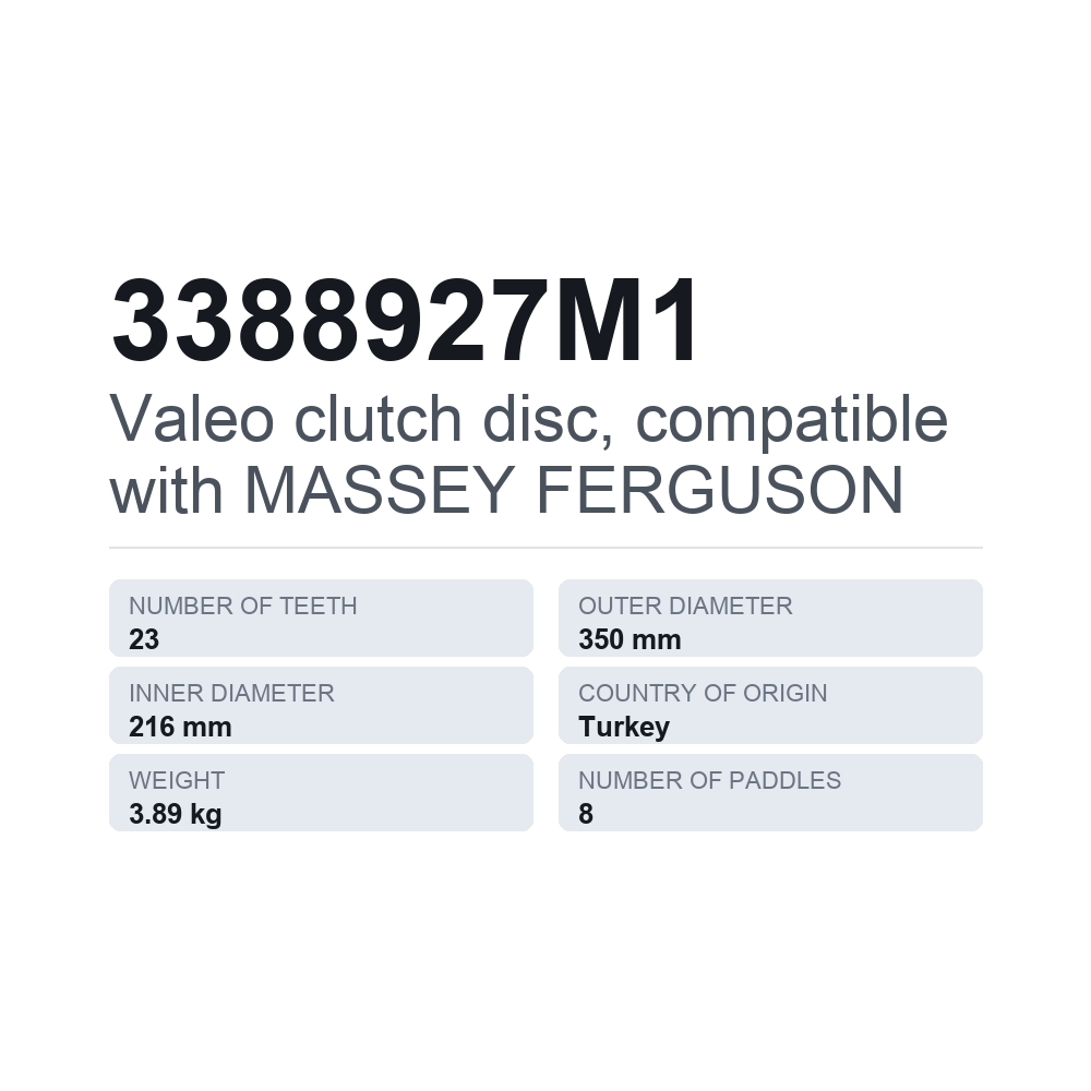 Valeo kytkinlevy, sopii MASSEY FERGUSON 3388927M1 — tekninen tietokortti