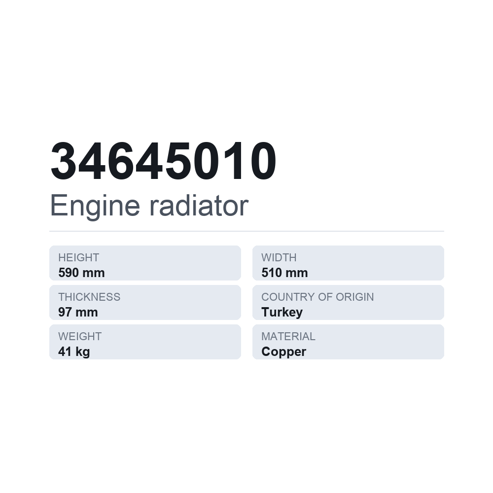 Køler, motorkøling 34645010 — teknisk datablad