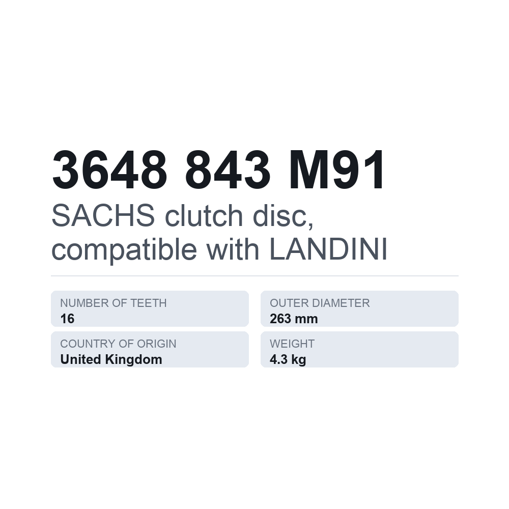 SACHS kopplingslamell, passar till LANDINI 3648 843 M91 — tekniskt datablad