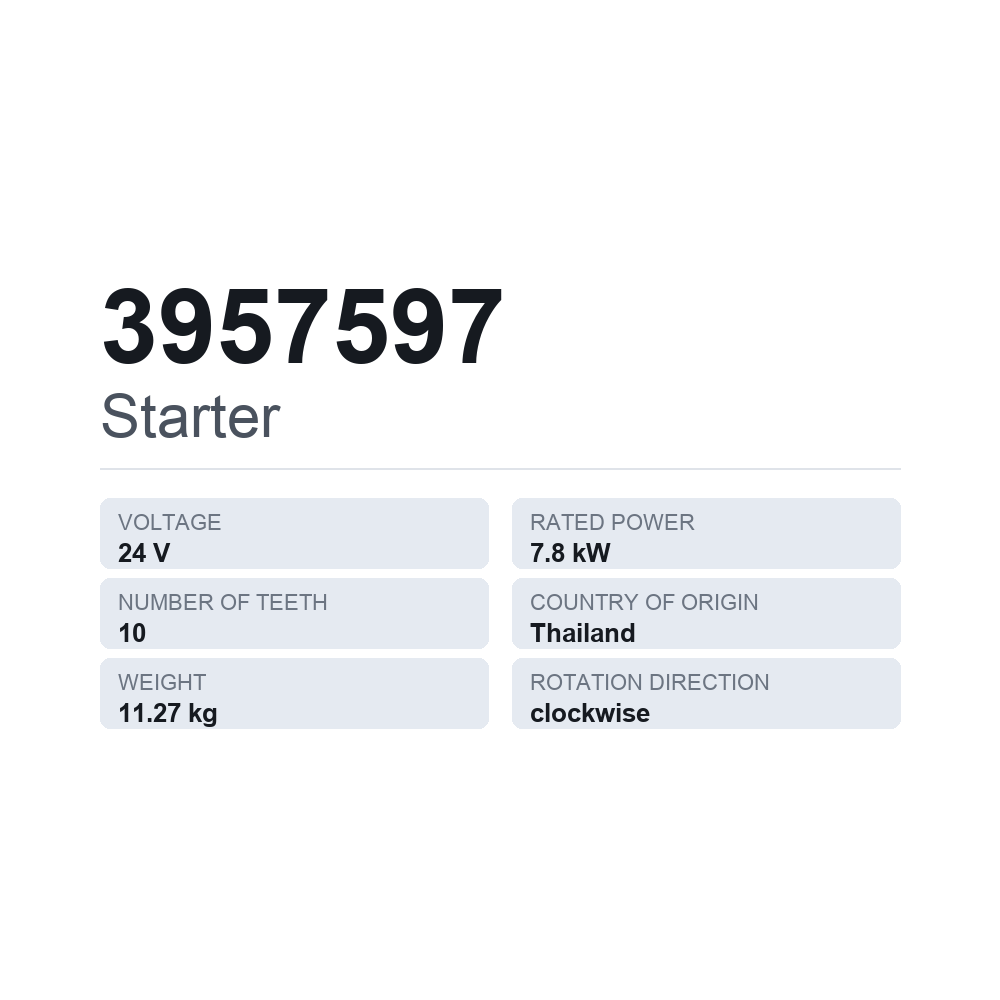Käynnistinmoottori 3957597 — tekninen tietokortti