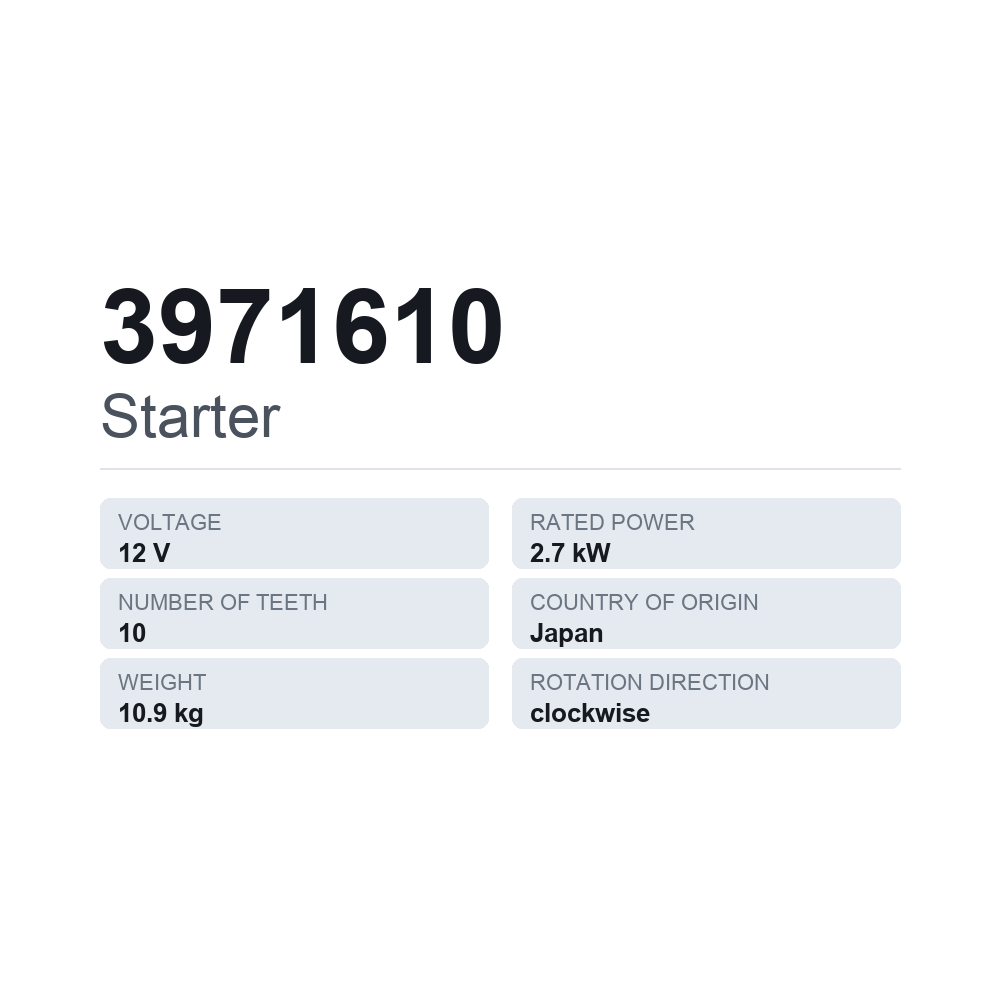 Käynnistinmoottori 3971610 — tekninen tietokortti
