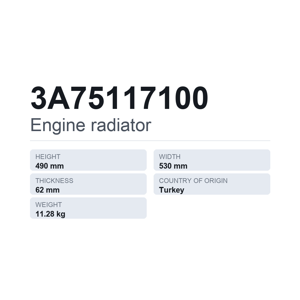 Køler, motorkøling 3A75117100 — teknisk datablad
