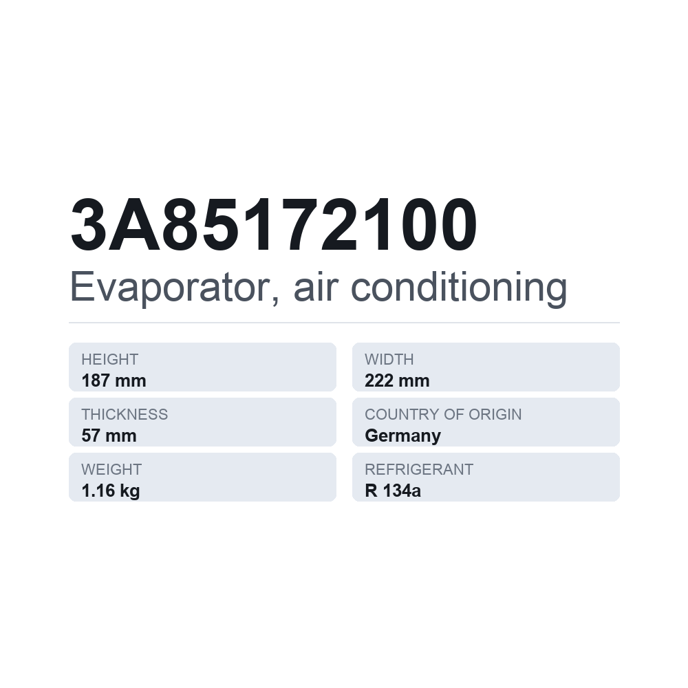 Verdampfer, Klimaanlage 3A85172100 — technisches Datenblatt