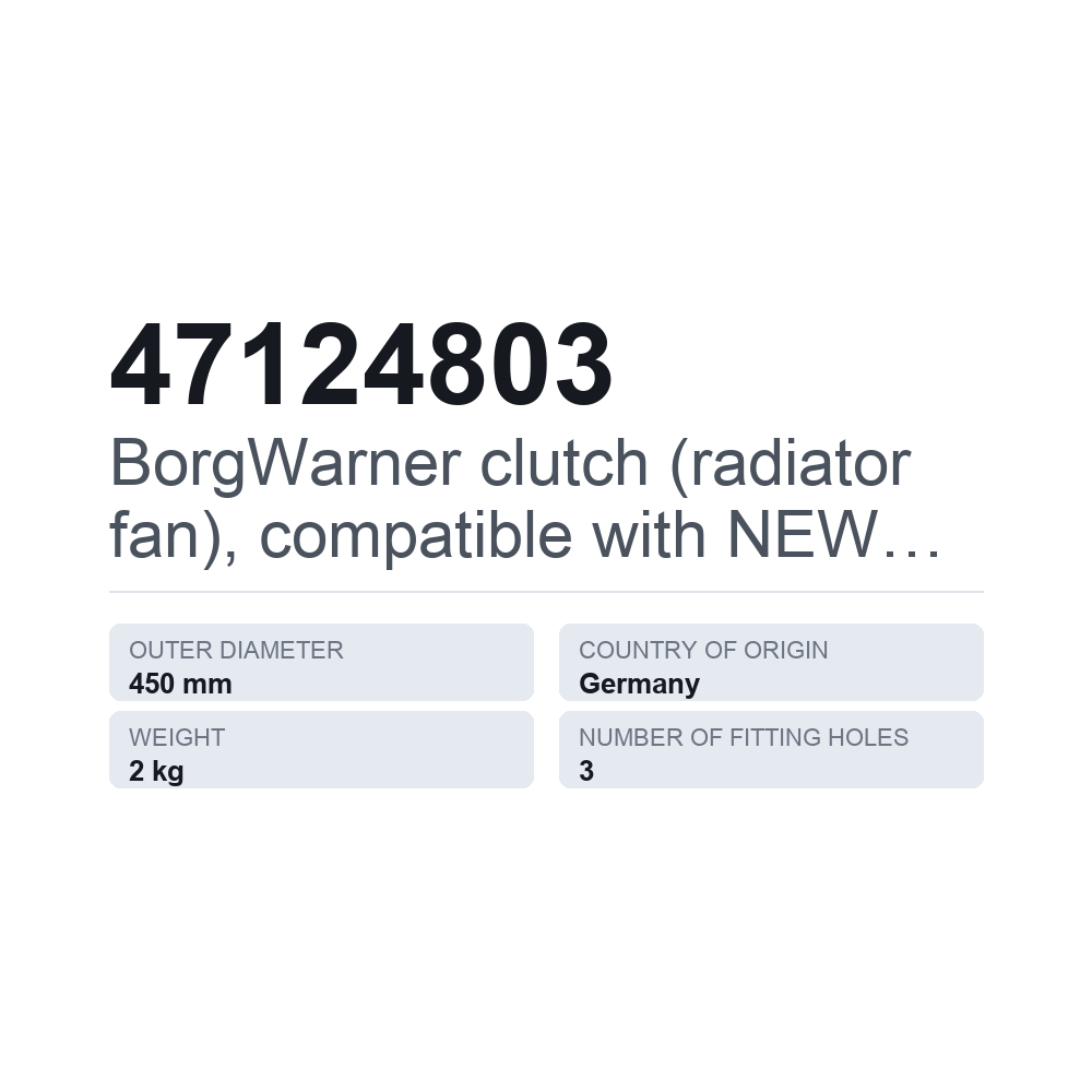 BorgWarner kobling (køleventilator), passer til NEW HOLLAND 47124803 — teknisk datablad
