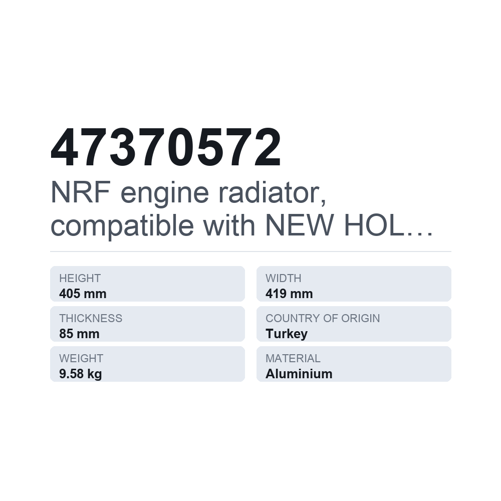 NRF moottorin jäähdytin, sopii NEW HOLLAND 47370572 — tekninen tietokortti