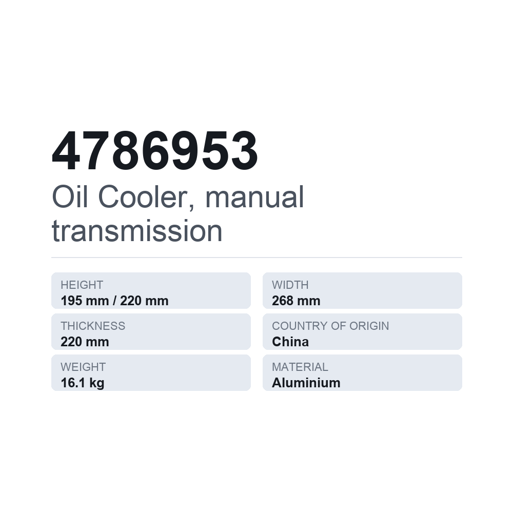 Oliekøler, manuel gearkasse 4786953 — teknisk datablad