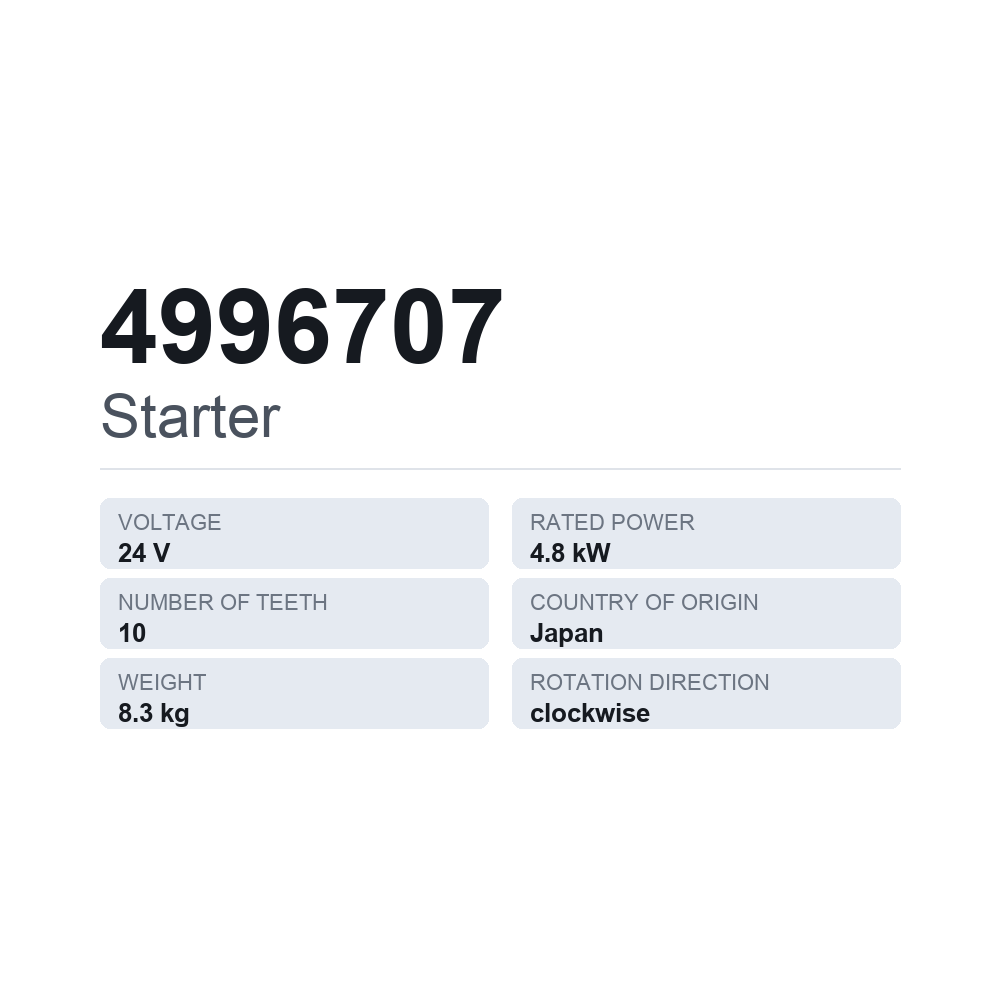 Käynnistinmoottori 4996707 — tekninen tietokortti