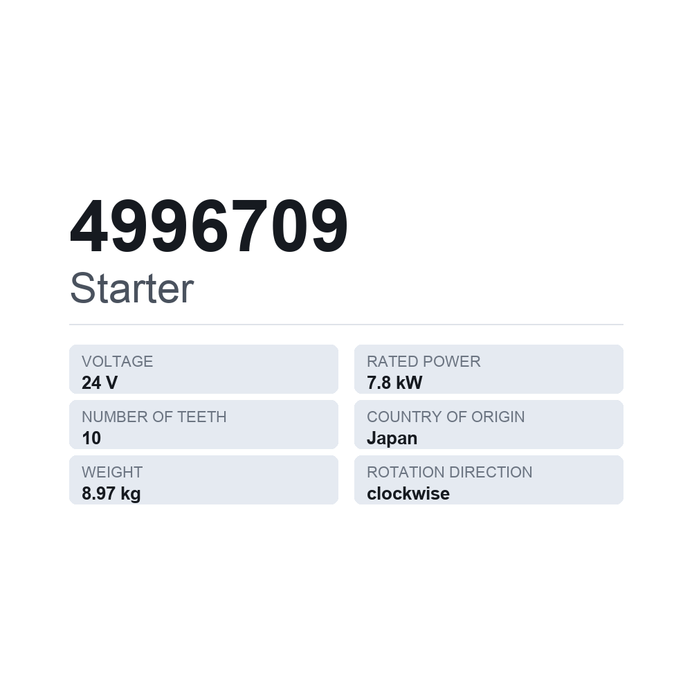Käynnistinmoottori 4996709 — tekninen tietokortti