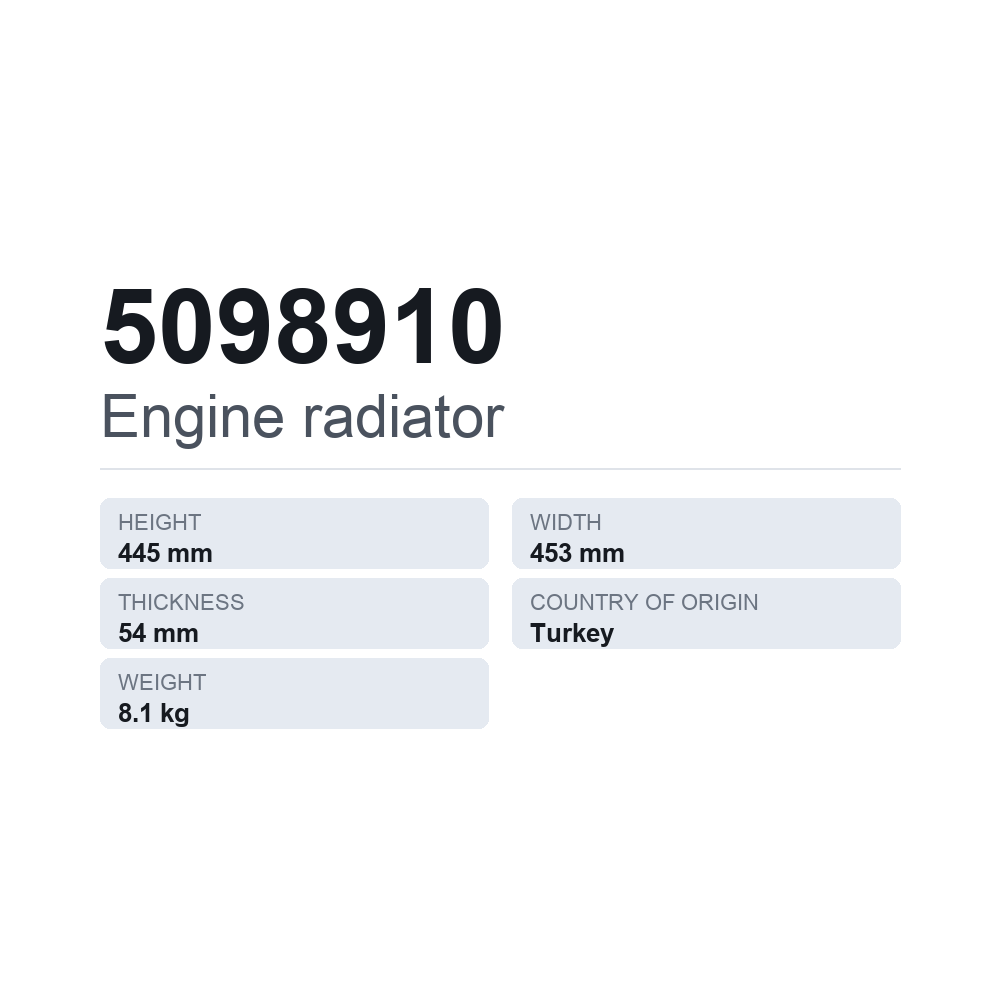 Køler, motorkøling 5098910 — teknisk datablad