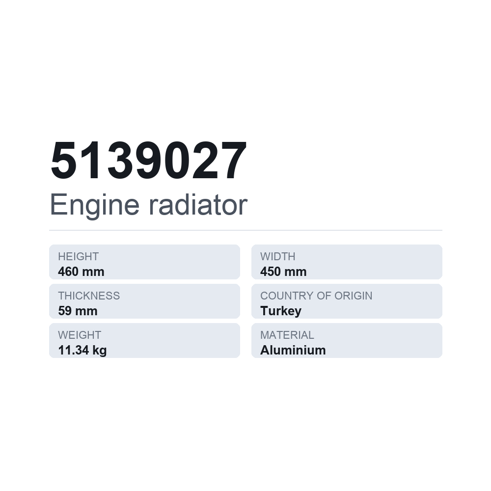 Køler, motorkøling 5139027 — teknisk datablad
