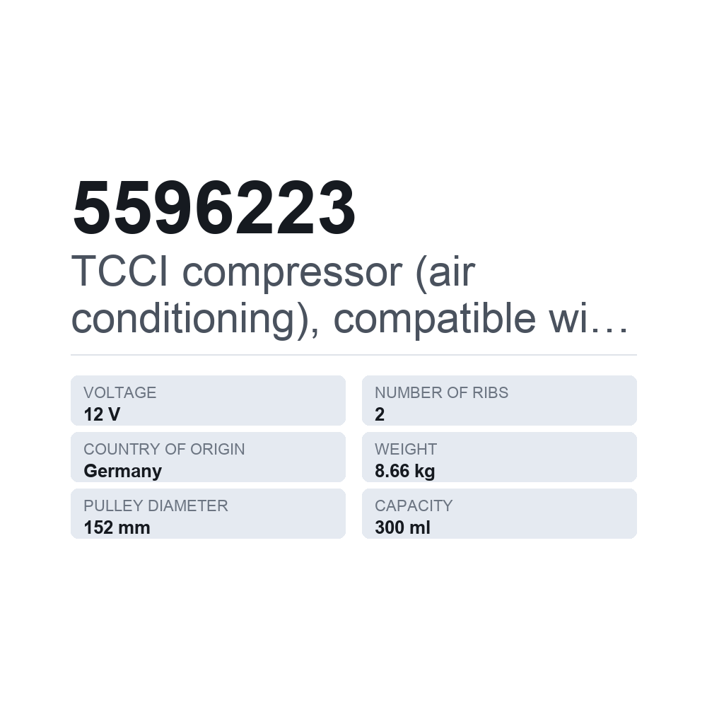 TCCI compressor (air conditioning), compatible with CLAAS 5596223 — technical data card
