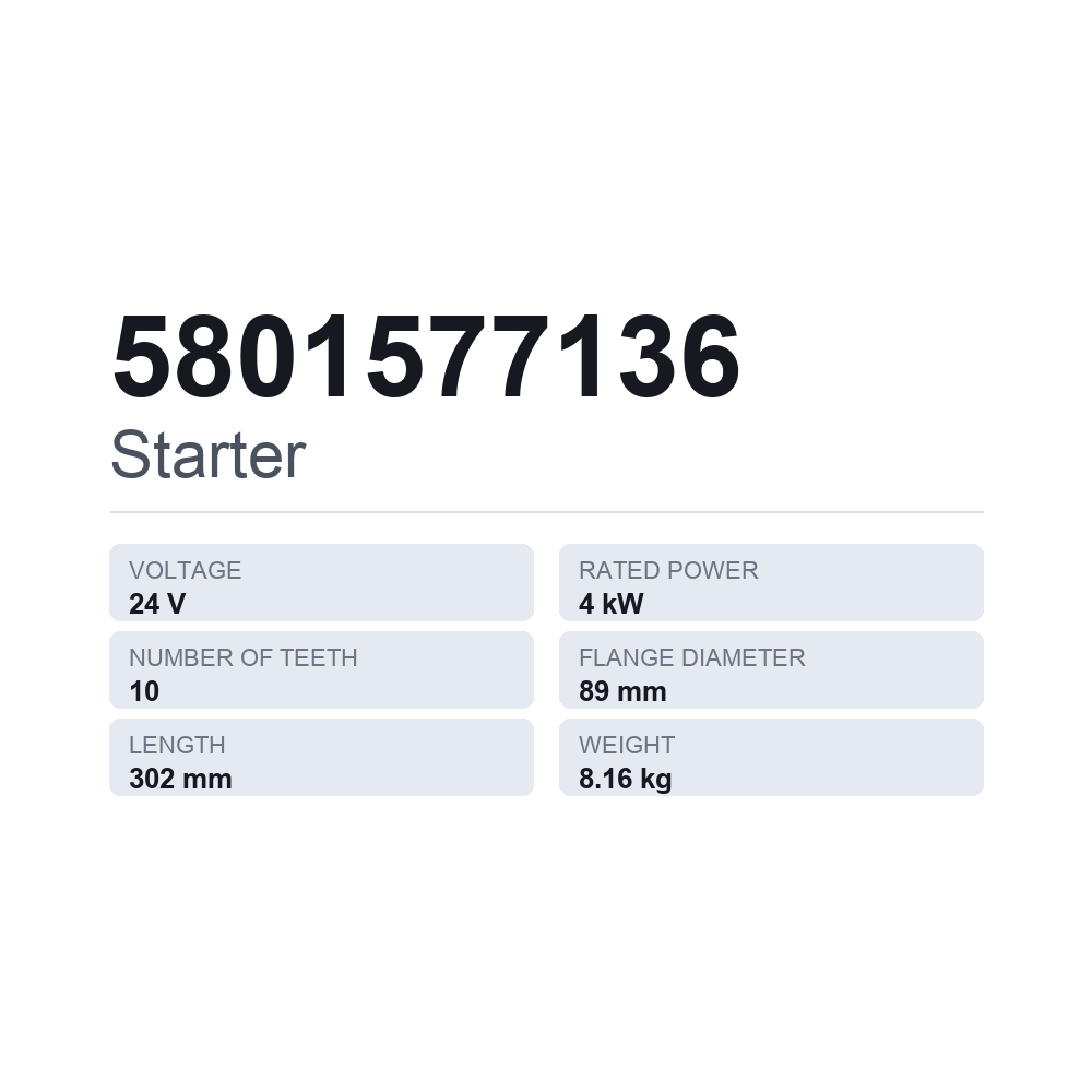 Käynnistinmoottori 5801577136 — tekninen tietokortti