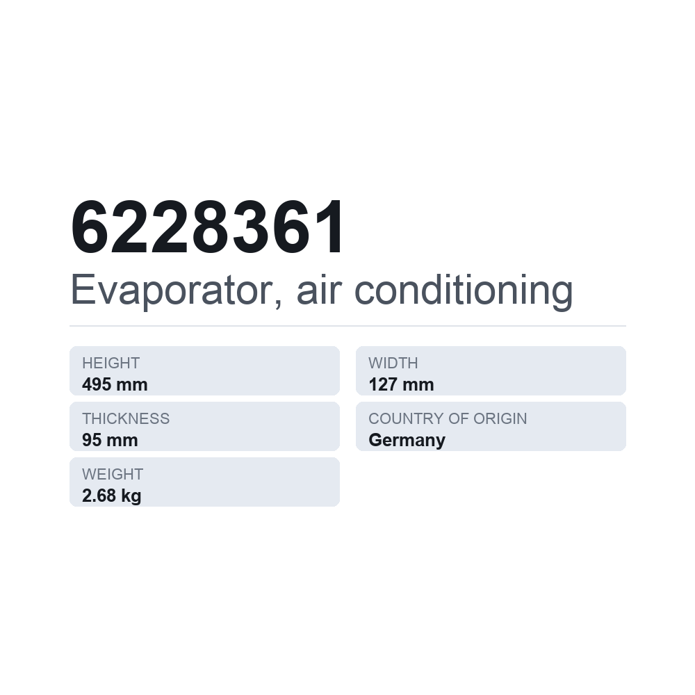 Verdampfer, Klimaanlage 6228361 — technisches Datenblatt