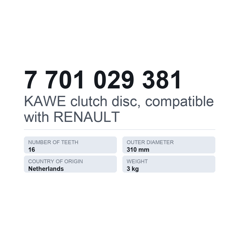 KAWE kopplingslamell, passar till RENAULT 7 701 029 381 — tekniskt datablad
