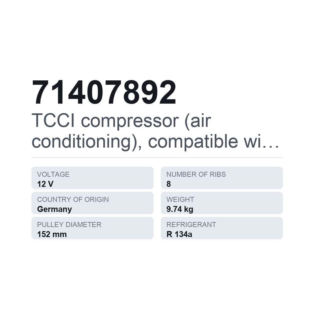 TCCI Klimakompressor, passend für MASSEY FERGUSON 71407892 — technisches Datenblatt