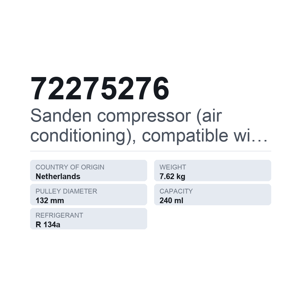 Sanden Klimakompressor, passend für AGCO 72275276 — technisches Datenblatt