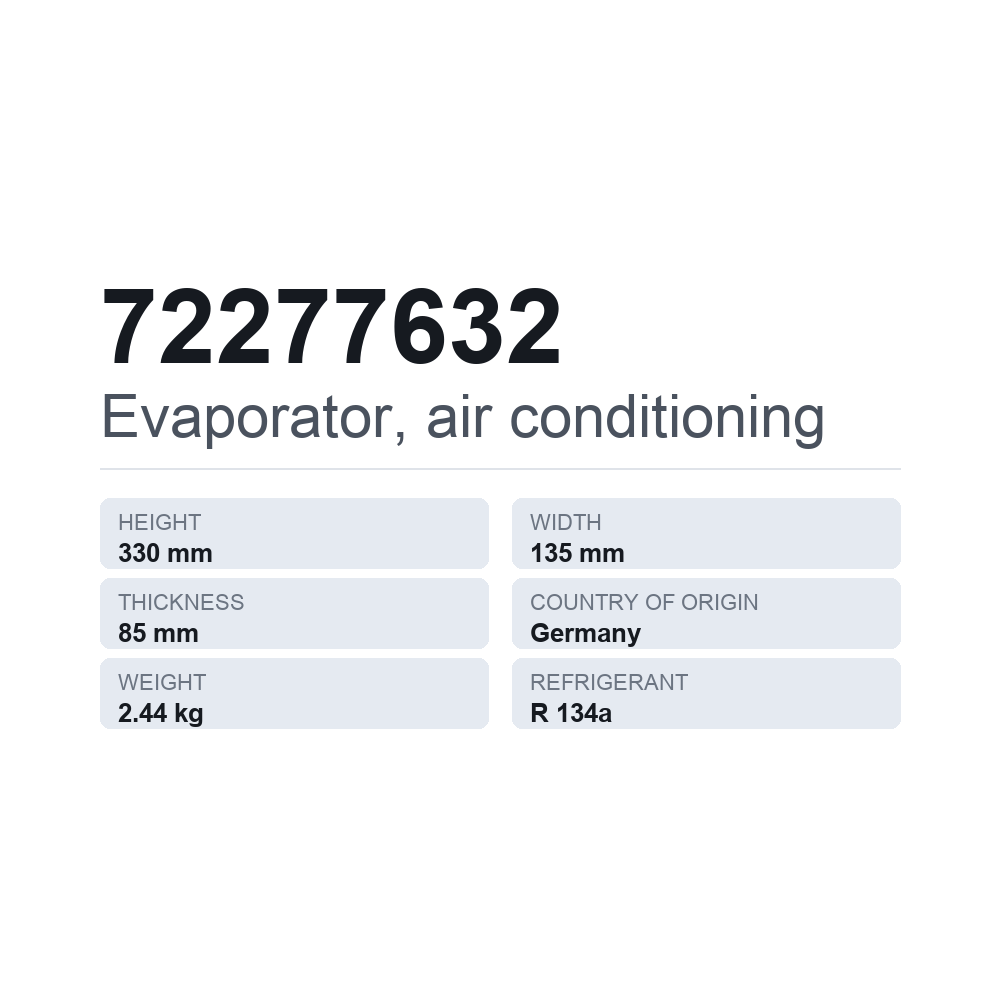 Verdampfer, Klimaanlage 72277632 — technisches Datenblatt