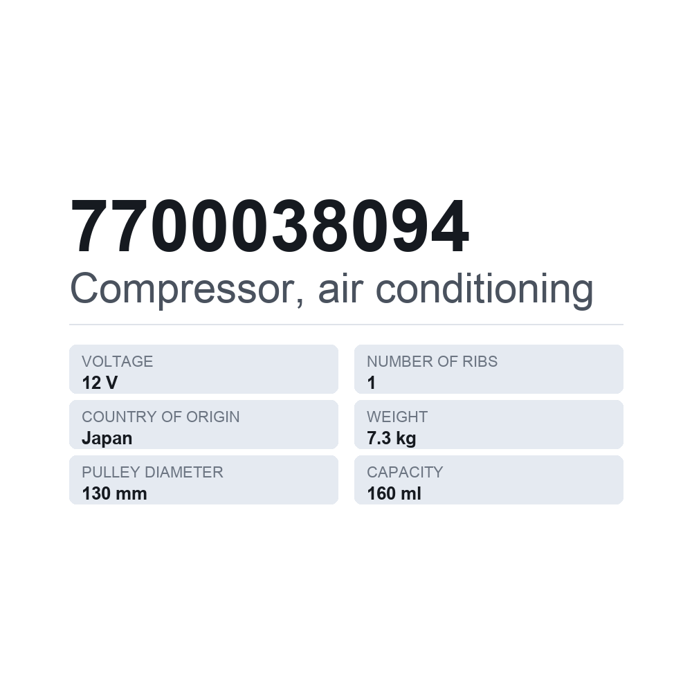 Kompressor, klimaanlæg 7700038094 — teknisk datablad