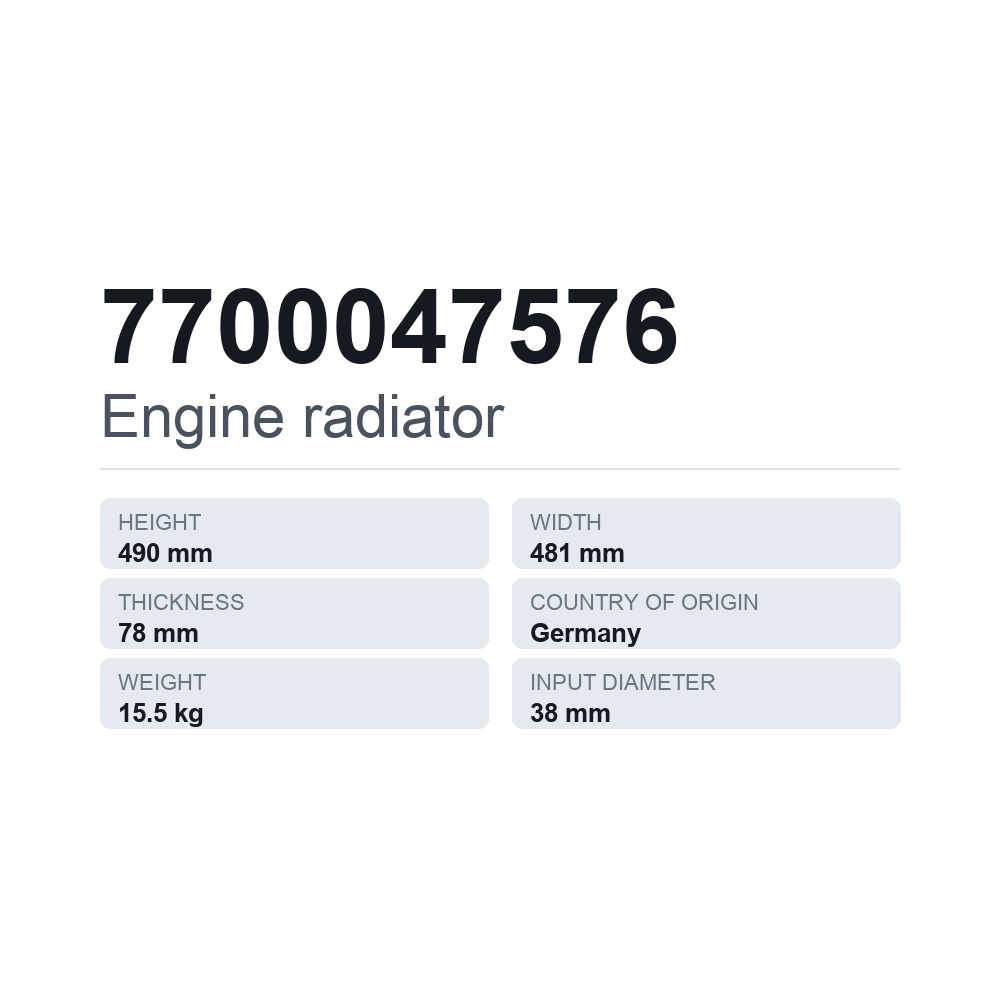 Moottorin jäähdytin 7700047576 — tekninen tietokortti