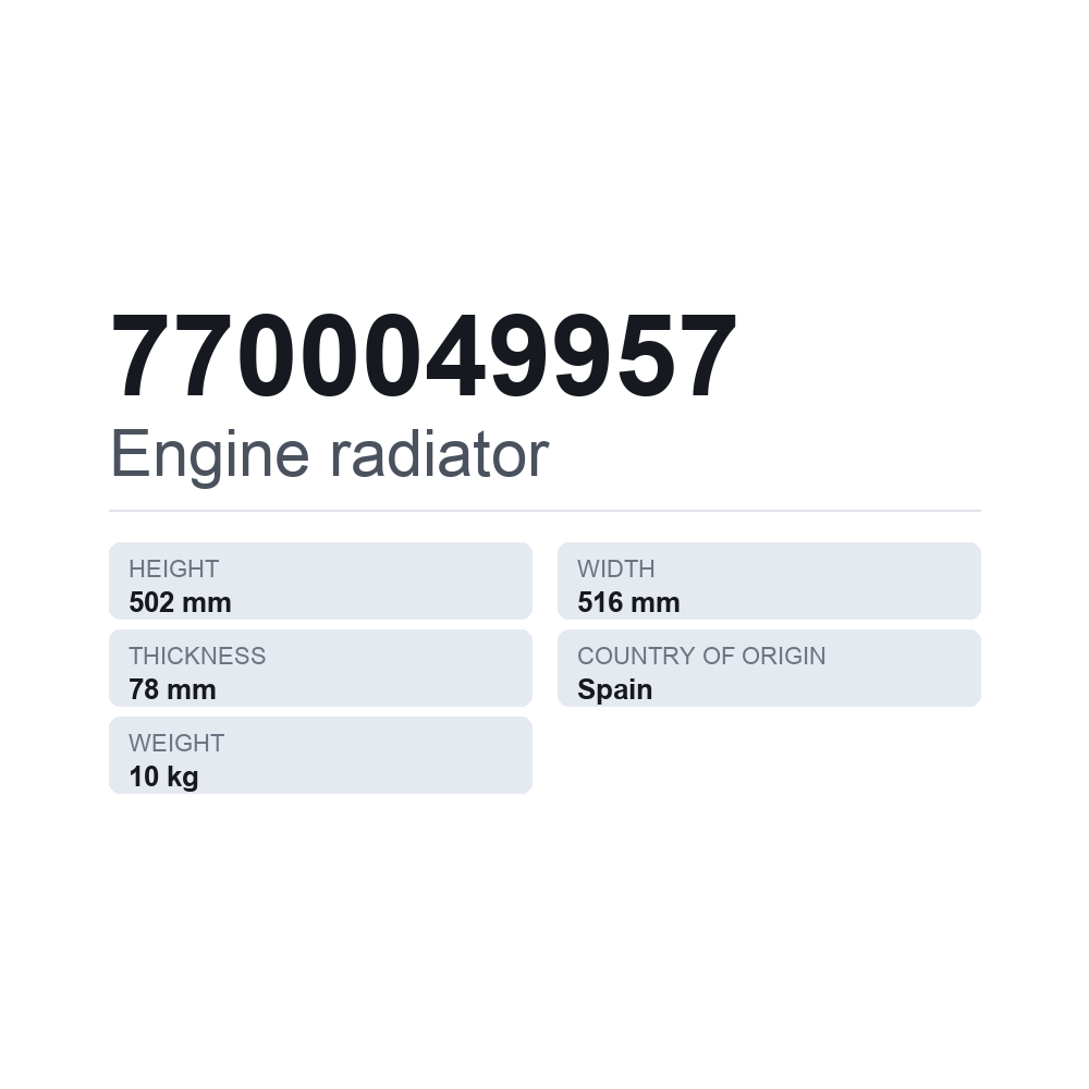 Køler, motorkøling 7700049957 — teknisk datablad