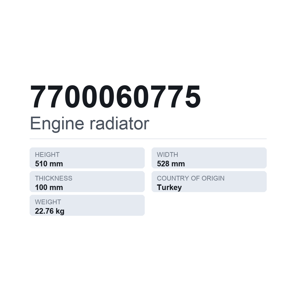 Kylare, motorkylning 7700060775 — tekniskt datablad