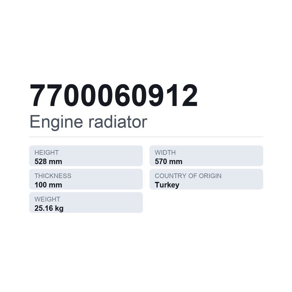 Kylare, motorkylning 7700060912 — tekniskt datablad