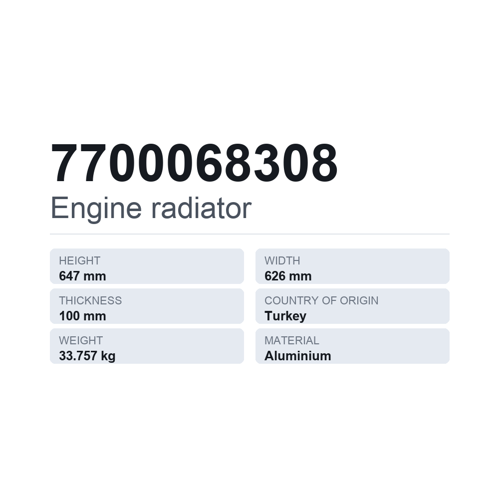 Kylare, motorkylning 7700068308 — tekniskt datablad