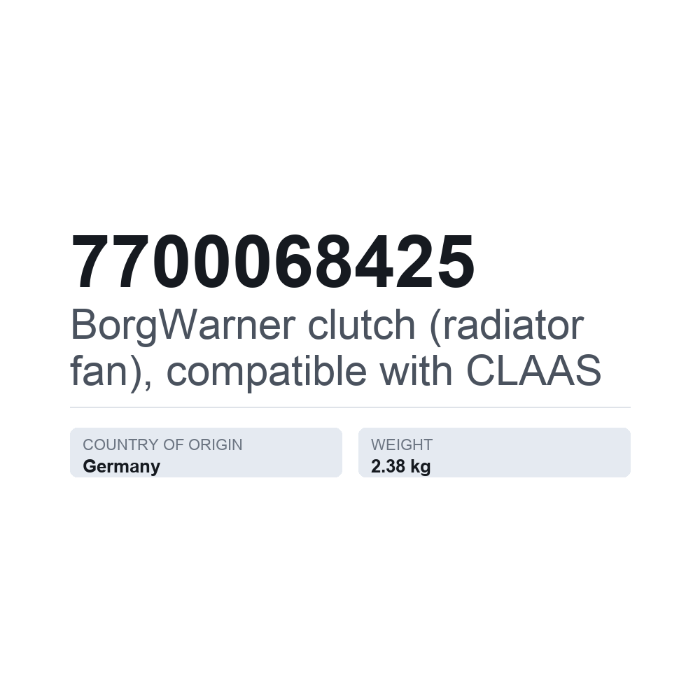 BorgWarner clutch (radiator fan), compatible with CLAAS 7700068425 — technical data card
