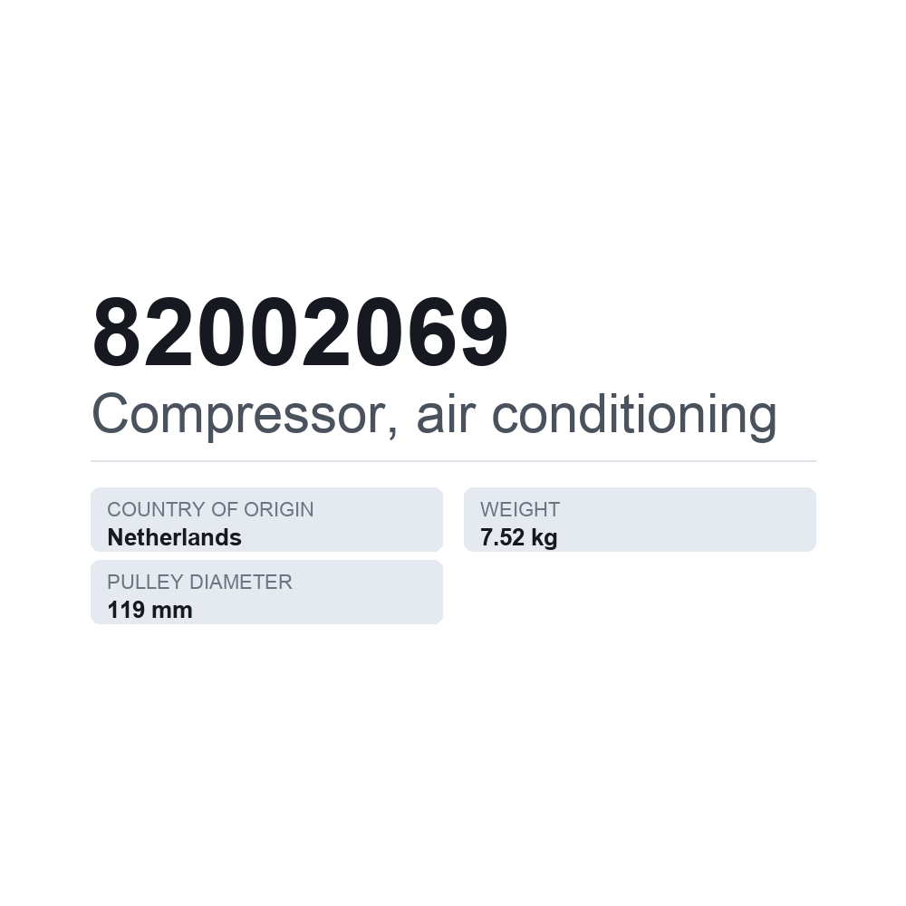 Kompressor, klimaanlæg 82002069 — teknisk datablad