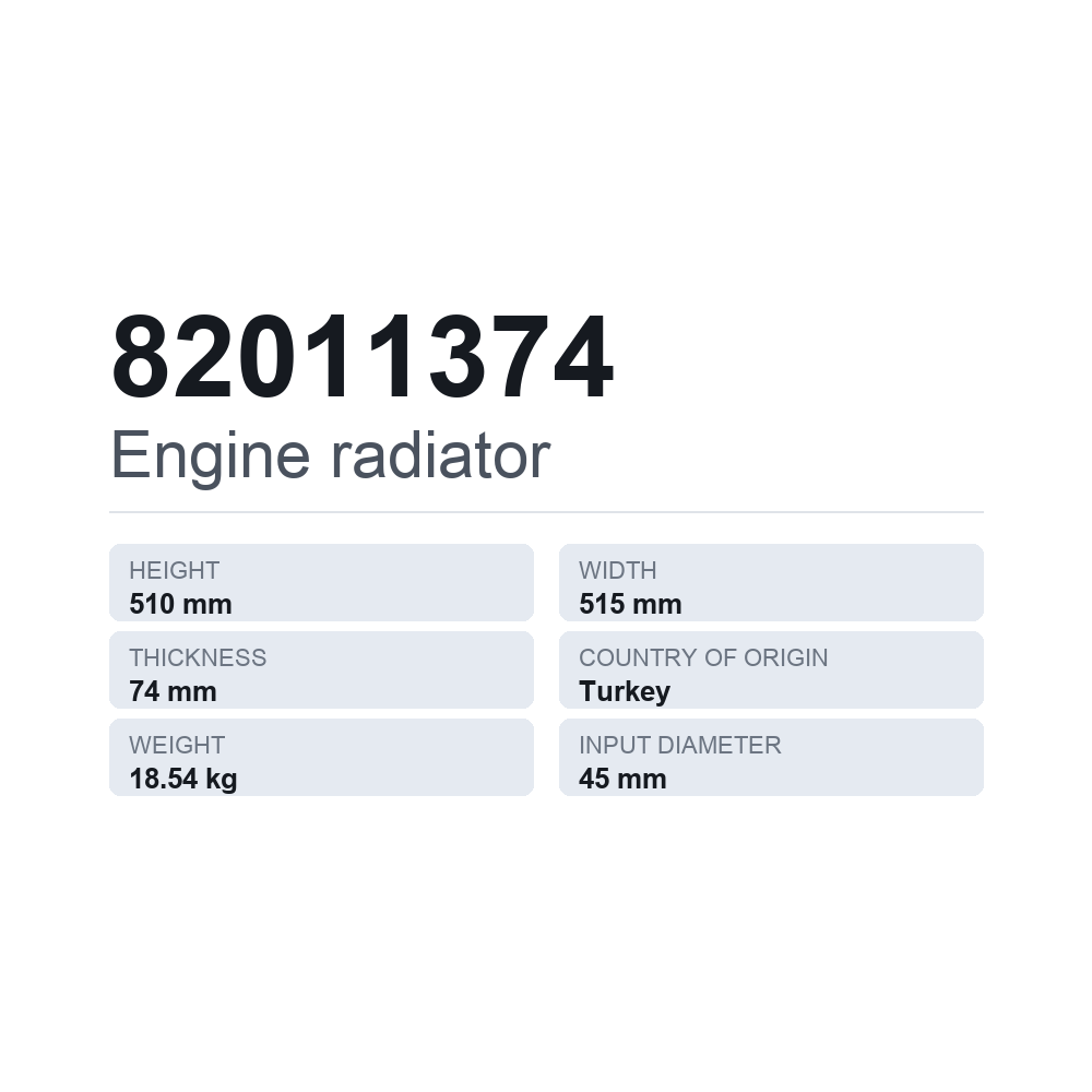 Køler, motorkøling 82011374 — teknisk datablad